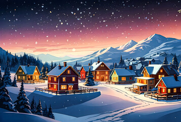 A snow-covered village with colorful houses and twinkling lights vector art illustration image.
