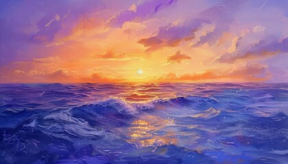 Obraz premium The sunset paints the sky and sea in shades of orange and purple, a vision of evening serenity, bright water color