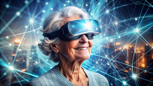 Senior woman enjoying VR headset gadget in cyberspace and virtual reality. Eldery female having fun in metaverse digital hud hologram with geometric figures and indicators. Concept of virtual reality
