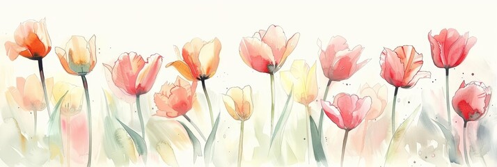 Tulips bow gracefully as if to welcome the morning dew, their colors a soft whisper of spring, kawaii water color
