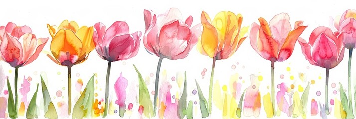 Tulips bow gracefully as if to welcome the morning dew, their colors a soft whisper of spring, kawaii water color