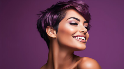 Naklejka premium Beautiful, elegant, sexy Latina, Spain with short haircut, woman with perfect skin, purple background, banner.