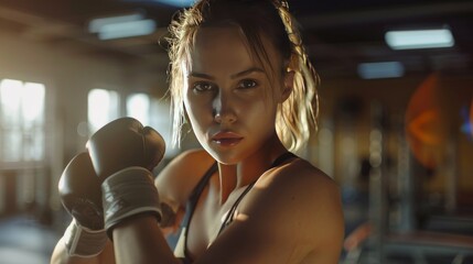 young woman shows boxing moves