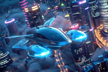 A futuristic flying car soars above the city, its sleek design illuminated by neon lights