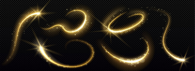 Gold star with curve trail line on dark transparent background. Realistic vector illustration set of comet magic light tail with glitter and overlay effect. Meteor twinkle with glowing shine beam. © klyaksun