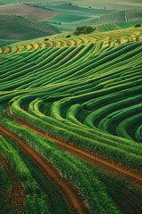 Fototapeta premium Aerial view of symmetrical rows of crops in a vast agricultural field, creating a mesmerizing pattern that stretches to the horizon.