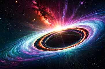 A rainbow-colored wormhole swirling with cosmic energy, with a spaceship flying through on a journey to distant galaxies vector art illustration image.
