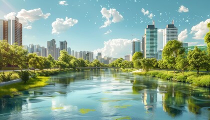 A river flows through a smart city, its water quality monitored by embedded IoT devices, blending natural elements with cuttingedge technology in a macro concept