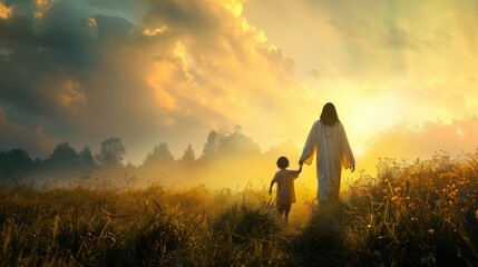 A symbolic stock photo of Jesus Christ and a child walking hand in hand towards eternity. 