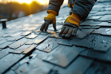 Close up background image of hands when the roofer is working. at sunset