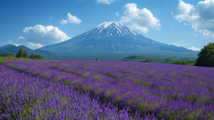 Fuji Mount and Lavender Field, Japan. Kawaguchiko Lake, Oishi Park