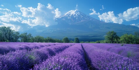 Mount Fuji and Lavender Field, Japan. Kawaguchiko Lake, Oishi Park