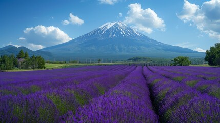 Fuji Mount and Lavender Field, Japan. Kawaguchiko Lake, Oishi Park