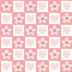 Romantic checkered seamless pattern with flower and heart. Soft hand drawn coquette girlish background with vintage. chessboard or checkerboard texture. Vector illustration for wedding wallpaper 