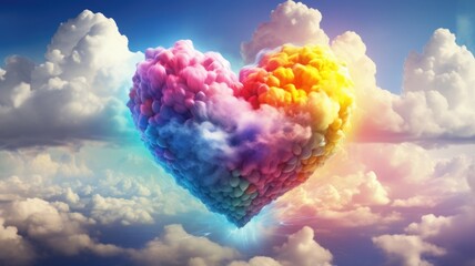 The picture of the colourful heart shape that flying beyond the sea of the cloud and atmosphere that bright and reflect the light by the sunlight of the daytime of summer or spring of year. AIGX01.