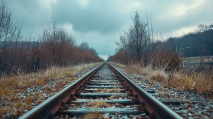 Fototapeta premium A train track runs through the center of a vast field, surrounded by lush green grass and under a clear blue sky. The straight path of the track disappears into the horizon in the distance.