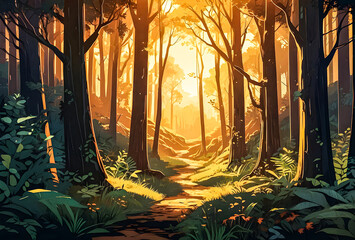 A mystical forest glen illuminated by shafts of golden sunlight filtering through the canopy,...
