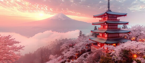 Mount Fuji in Spring, Chureito Pagoda and Cherry blossom Sakura, Japan 