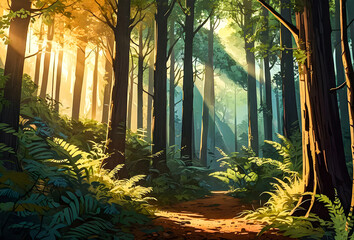 A mystical forest glen illuminated by shafts of golden sunlight filtering through the canopy, casting a magical glow over the landscape vector art illustration image.
