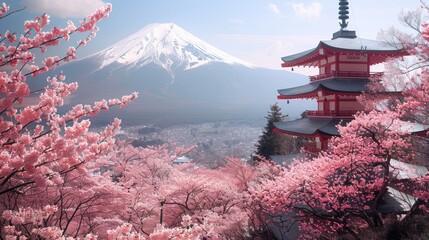 Mount Fuji in Spring, Chureito Pagoda and Cherry blossom Sakura, Japan 