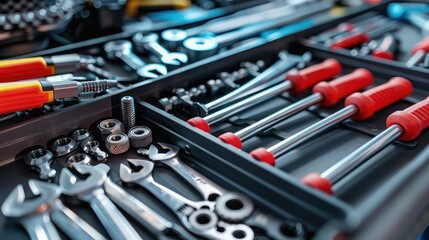 Fototapeta premium A close-up of tools neatly organized in the toolbox cart next to a modern car engine, highlighting efficiency in auto repair. 