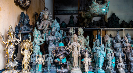 Typical souvenir shop selling souvenirs and handicrafts of Bali at markets, Indonesia.