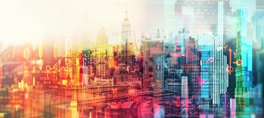 Fototapeta premium Colorful smart city double exposure. Generative AI technology. 