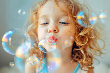 Fototapeta premium Portrait of funny lovely little girl blowing soap bubbles