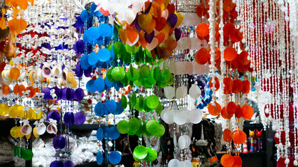 Typical souvenir shop selling souvenirs and handicrafts of Bali at markets, Indonesia.