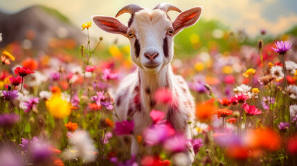 Cute goat in a field with flowers in nature, in the sun's rays. Environmental protection, the problem of ocean and nature pollution.