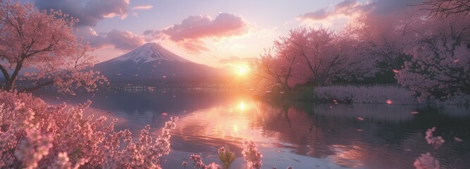 Fuji Mount and cherry blossom reflection on Lake Kawaguchiko at sunset, Japan. Spring, Sakura