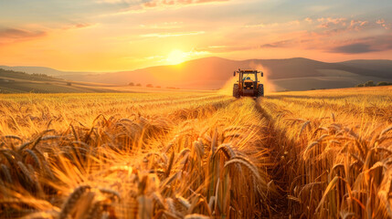 Fototapeta premium Wheat field at sunset, agricultural fields with tractor, Harvester machine working at wheat field.