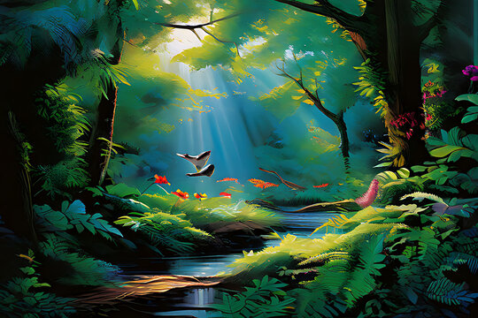 Plants and animals living in magnificent and beautiful nature, the texture of animal fur or feathers, the shape and color of the leaves, and the harmony of light and shadow, ai, generative, 생성형