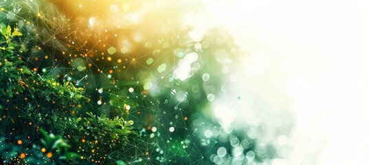 Bokeh morning nature background with polygonal network elements. Generative AI technology.	
