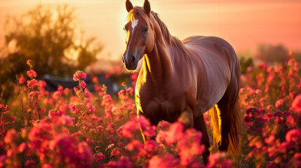 Cute, beautiful horse in a field with flowers in nature, in the sun's rays.