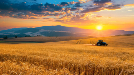 Wheat field at sunset, agricultural fields with tractor, Harvester machine working at wheat field. - obrazy, fototapety, plakaty