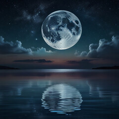 Romantic Moon With Clouds and Starry Sky Over Sparkling Blue Water