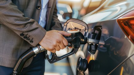 Obraz premium A detail-oriented image showing the businessman checking the fuel quality and pump settings before refueling his car.