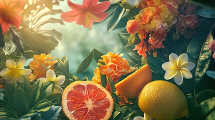 Fruits, flowers and leaves. Generative AI