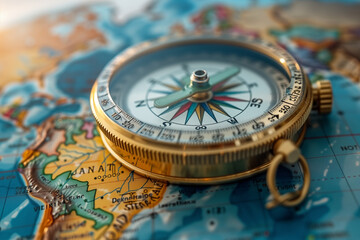 golden chronometer compass on a world map, preparation for travel - obrazy, fototapety, plakaty