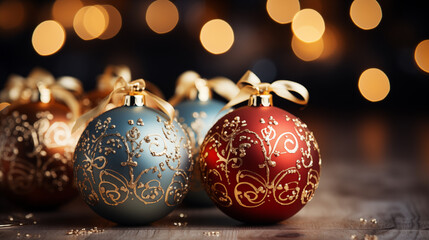 Sparkling Christmas baubles in close-up, surrounded by fairy lights. Each bauble contributes to the overall Christmas joy and festive ambiance