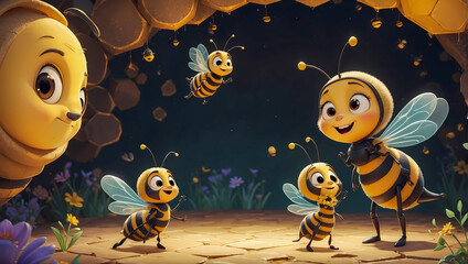 Cute small cartoon bee character hanging out by the beehive interacting with other bees and the queen bee - obrazy, fototapety, plakaty