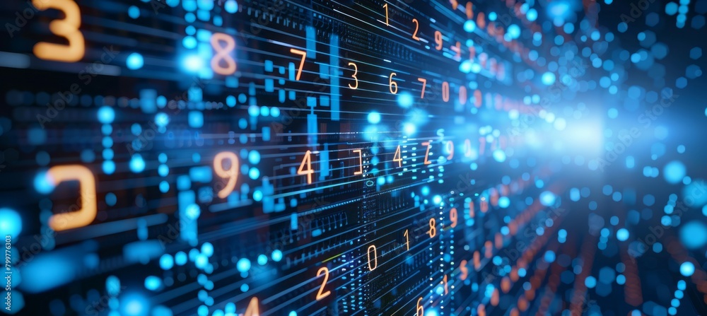 Poster Binary number digital data space technology background. Generative AI technology.	
