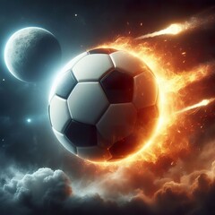 Fototapeta premium a photo realistic soccer ball as a planet in space with fire and explosions digital art