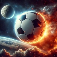 Naklejka premium a photo realistic soccer ball as a planet in space with fire and explosions digital art