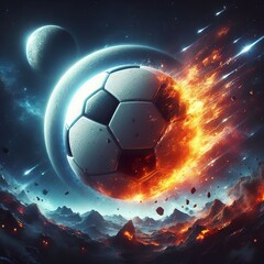 Fototapeta premium a photo realistic soccer ball as a planet in space with fire and explosions digital art