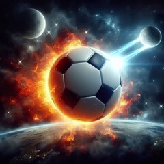 Naklejka premium a photo realistic soccer ball as a planet in space with fire and explosions digital art