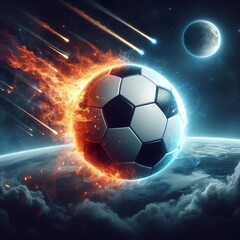 Fototapeta premium a photo realistic soccer ball as a planet in space with fire and explosions digital art