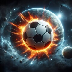 Fototapeta premium a photo realistic soccer ball as a planet in space with fire and explosions digital art