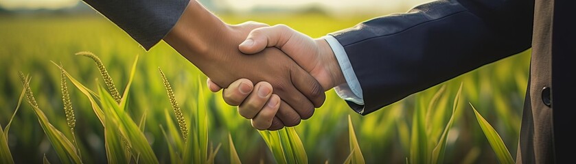 A photo of two people of different skin tones shaking hands in a field of wheat.